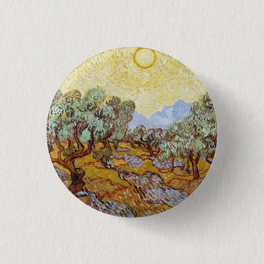 Olijfbomen met gele hemel en zon ronde button 3,2 cm (Voorkant)