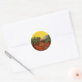 Olijfbomen met gele hemel en zon ronde sticker (Envelop)
