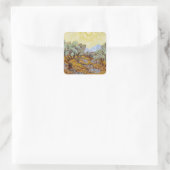 Olijfbomen met gele hemel en zon vierkante sticker (Tas)