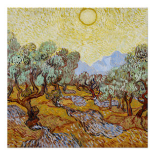 Olijfbomen met gele lucht en zon perfect poster