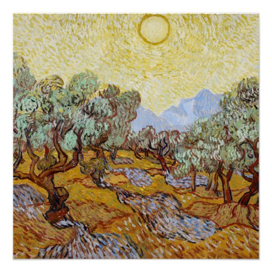 Olijfbomen met gele lucht en zon perfect poster (Voorkant)