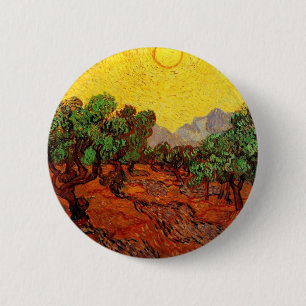 Olijfbomen met gele lucht en zon ronde button 5,7 cm