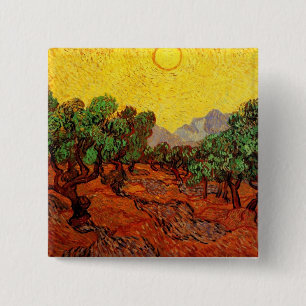 Olijfbomen met gele lucht en zon Van Gogh Vierkante Button 5,1 Cm