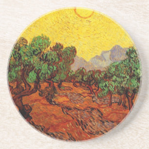 Olijfbomen met gele lucht en zon Van Gogh Zandsteen Onderzetter