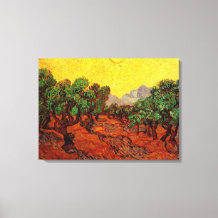 Olijfbomen met Yellow Sky en Sun, van Gogh Canvas Afdruk