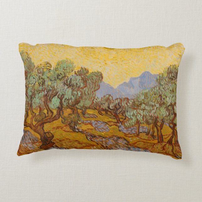 Olijfbomen van Vincent van Gogh met gele zon en lu Accent Kussen (Achterkant)