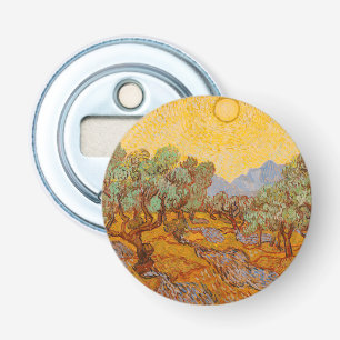 Olijfbomen van Vincent van Gogh met gele zon en lu Button Flesopener