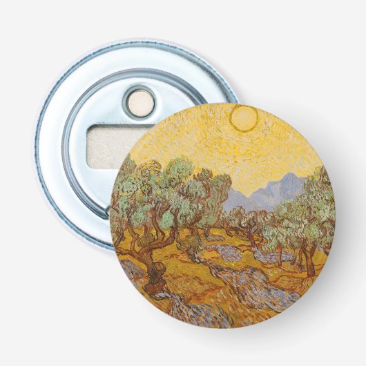 Olijfbomen van Vincent van Gogh met gele zon en lu Button Flesopener (Voorkant)