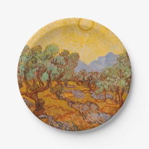 Olijfbomen van Vincent van Gogh met gele zon en lu Papieren Bordje