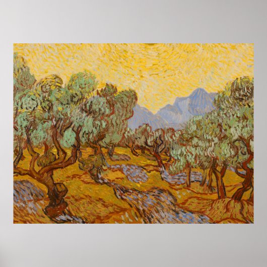 Olijfbomen van Vincent van Gogh met gele zon en lu Poster (Voorkant)