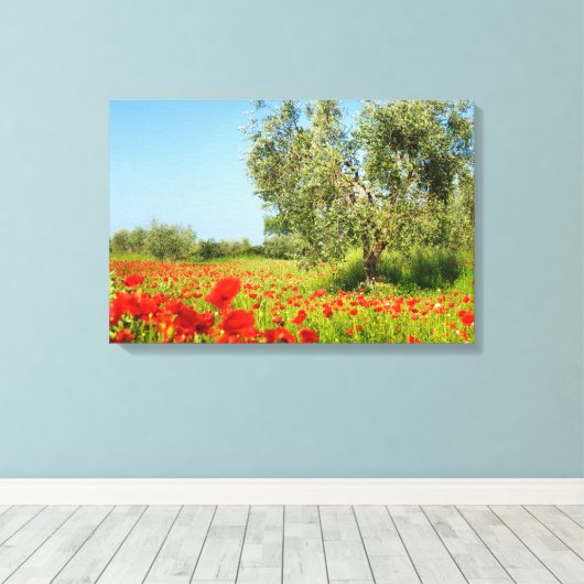 Olijfboom in papaver velddoek canvas afdruk (Insitu (Houten vloer))