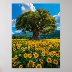 Olijfboom in Zonnebloemenveld Poster