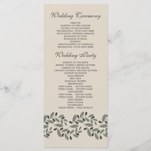 Olijfboomgaard en programma voor de bruiloft programmakaart (Achterkant)