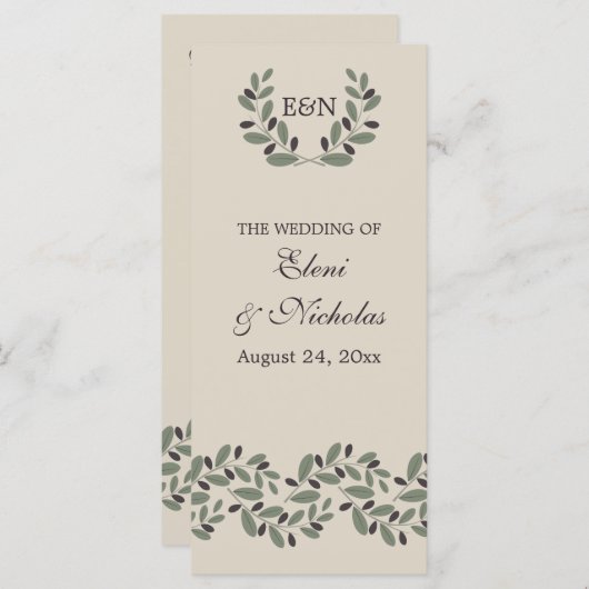 Olijfboomgaard en programma voor de bruiloft programmakaart (Voorkant / Achterkant)