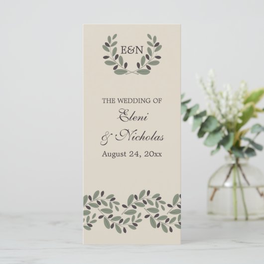 Olijfboomgaard en programma voor de bruiloft programmakaart (Staand voorkant)