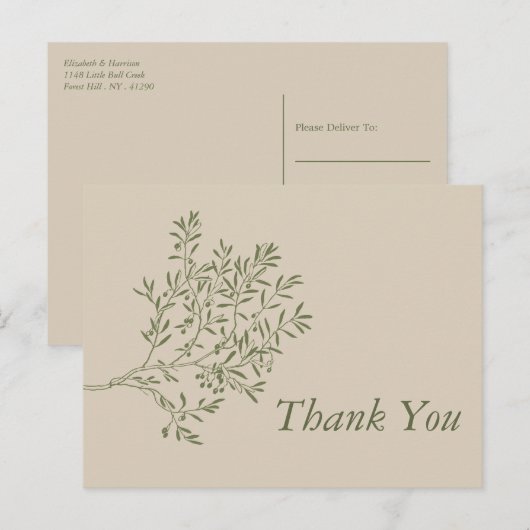 Olijfboomtak, bijtend en minimalistisch bedankt briefkaart (Voorkant / Achterkant)