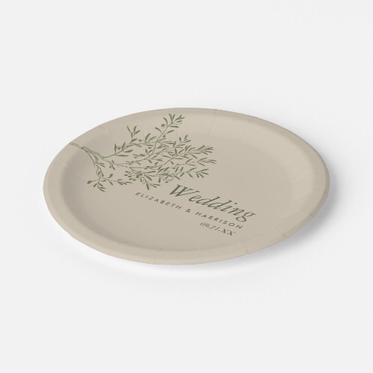 Olijfboomtak, bijtend en minimalistisch huwelijk papieren bordje (Gekanteld)