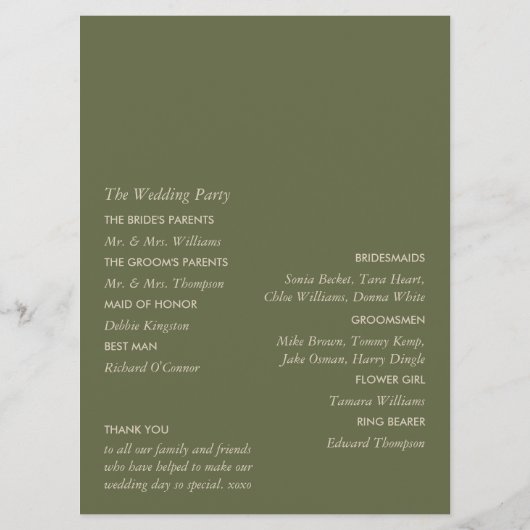 Olijfboomtak, bijtend en minimalistisch huwelijk programmakaart (Achterkant)