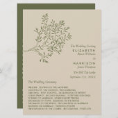 Olijfboomtak, bijtend en minimalistisch huwelijk programmakaart (Voorkant / Achterkant)