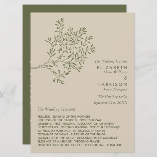 Olijfboomtak, bijtend en minimalistisch huwelijk programmakaart (Voorkant / Achterkant)