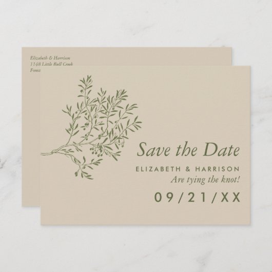 Olijfboomtak, Rustic Wedding Save the Date Aankondigingskaart (Voorkant / Achterkant)