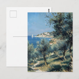 Olijfgaard met kustdorp en zee briefkaart