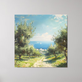 Olijfgaard met kustdorp en zee canvas afdruk