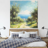 Olijfgaard met kustdorp en zee canvas afdruk (Insitu (Slaapkamer))