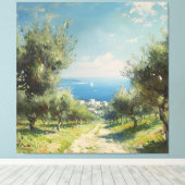 Olijfgaard met kustdorp en zee canvas afdruk (Insitu (Houten vloer))