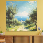 Olijfgaard met kustdorp en zee canvas afdruk (Insitu (Woonkamer))