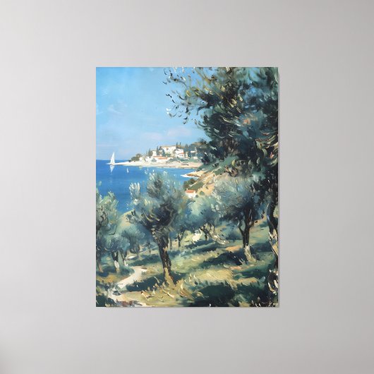 Olijfgaard met kustdorp en zee canvas afdruk (Voorkant)