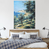 Olijfgaard met kustdorp en zee canvas afdruk (Insitu (Slaapkamer))