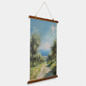 Olijfgaard met kustdorp en zee hangend wandkleed (Gebogen)