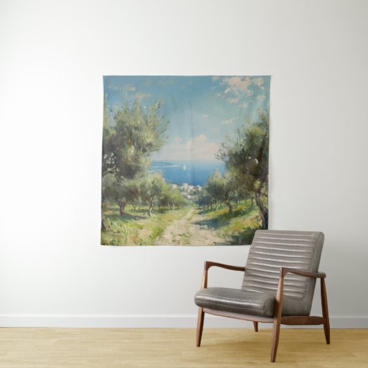 Olijfgaard met kustdorp en zee wandkleed (In situ)