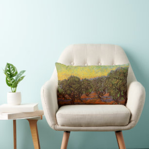 Olijfgaard, oranje lucht door Vincent van Gogh Kussen