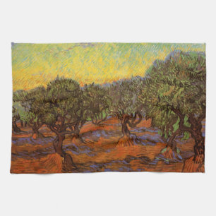 Olijfgaard, oranje lucht door Vincent van Gogh Theedoek