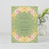 Olijfgeel Ranunculus Eucalyptus Bruiloft Kaart (Staand voorkant)