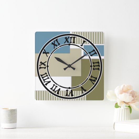 Olijfgrijs blauw geometrisch patroon vierkante klok (Huis)