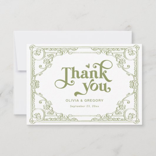 Olijfgroen Antiek Lijst bruiloft Bedankkaart (Voorkant)