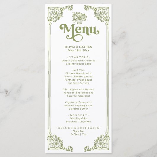  Olijfgroen Antiek Lijst bruiloft Diner Menu (Voorkant)