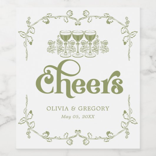  Olijfgroen Antiek Lijst Cheers Wijn Etiket (Enkel label)