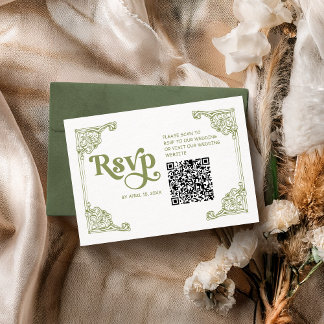  Olijfgroen Antiek Lijst Trouwen met QR RSVP Kaartje