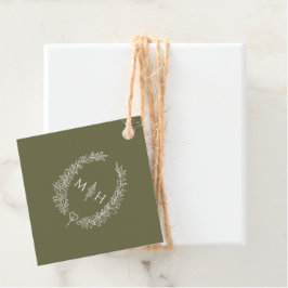 Olijfgroen blad ovale krans monogram bruiloft bedankjes labels