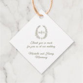 Olijfgroen blad ovale krans monogram bruiloft bedankjes labels (Achterkant)