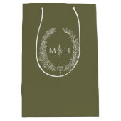 Olijfgroen blad ovale krans monogram bruiloft medium cadeauzakje (Voorkant)