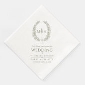 Olijfgroen bladovaal met grote monogram als bruilo servet (Hoek)