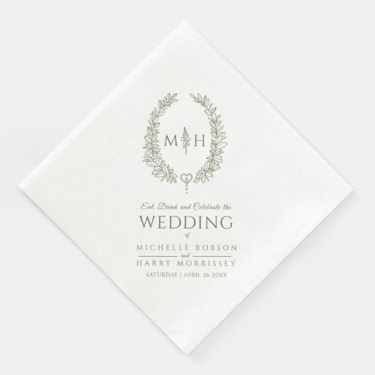 Olijfgroen bladovaal met grote monogram als bruilo servet (Hoek)