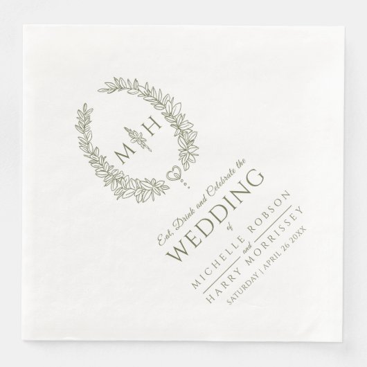 Olijfgroen bladovaal met grote monogram als bruilo servet (Voorkant)