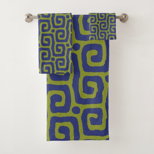 Olijfgroen & Blauw Abstract Patroon Bad Handdoek (Insitu)