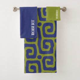 Olijfgroen & Blauwe Abstracte Aangepaste Naam Bad Handdoek